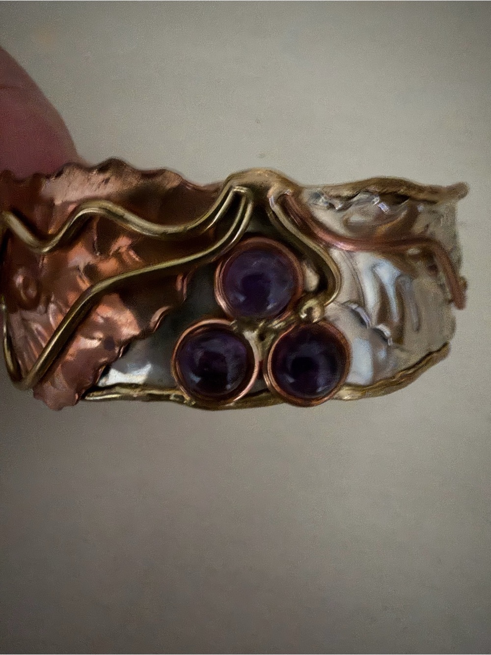 Handcrafted Mixed-Metal Cuff Bracelet with Purple Gemstones